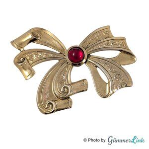Vintage Gold Tone Scroll Bow Ribbon Brooch - Red Lucite Cabochon Pin